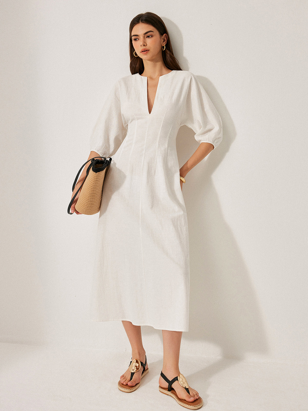 Effortless Cotton & Linen Puff Sleeve Dress
