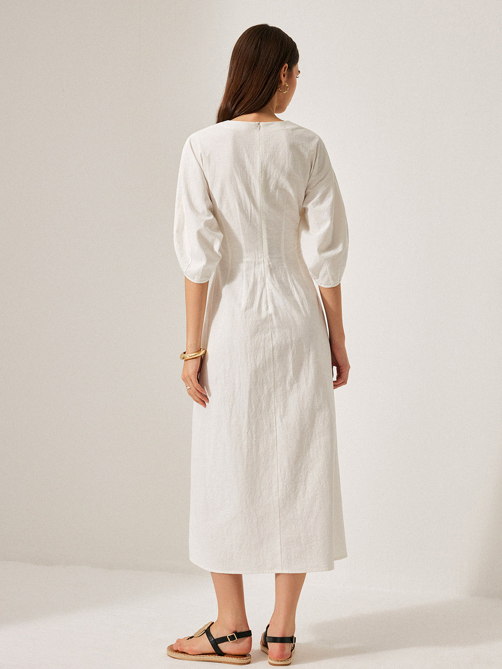 Effortless Cotton & Linen Puff Sleeve Dress