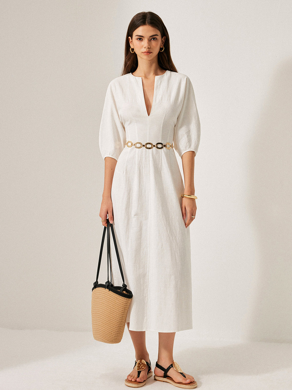 Effortless Cotton & Linen Puff Sleeve Dress