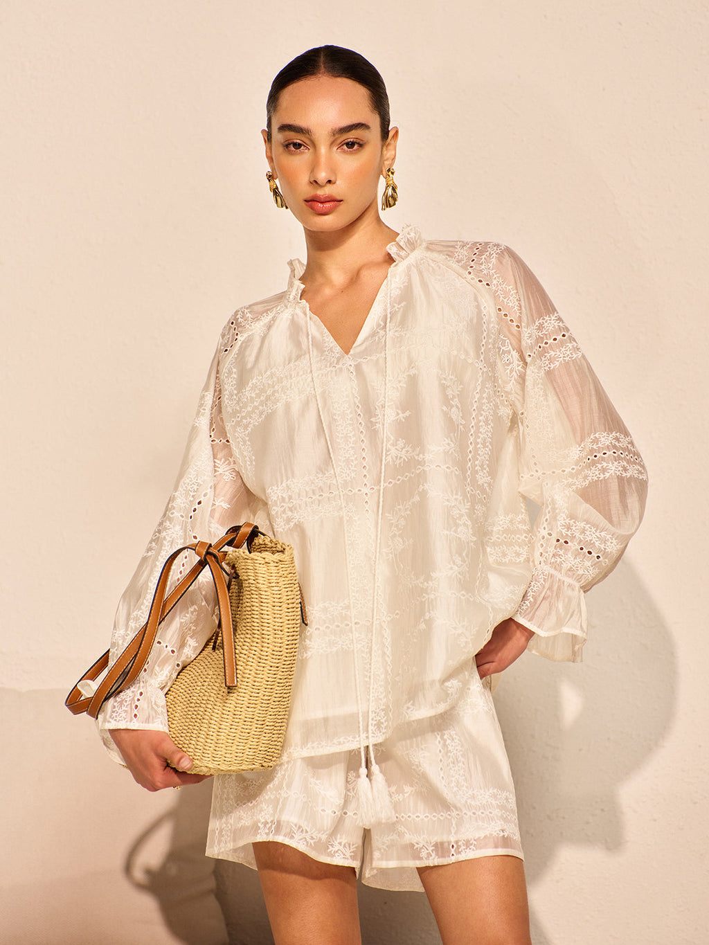 Ivy Long Sleeve Embroidery Detail Shorts Set