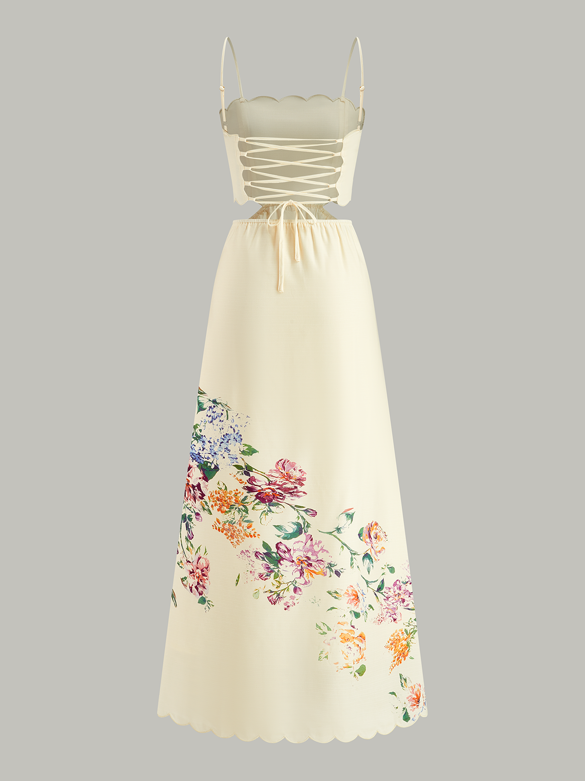 Laced Up Floral Print Backless Sleeveless Dress