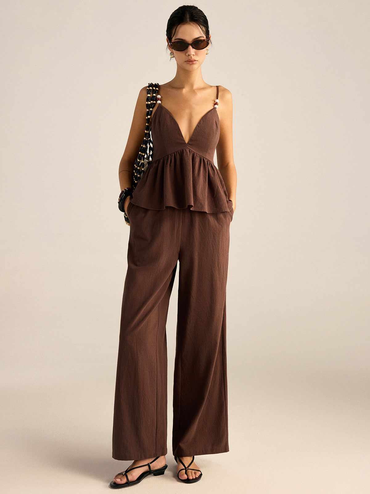Petal Cotton Beaded Strap Top & Pants Set