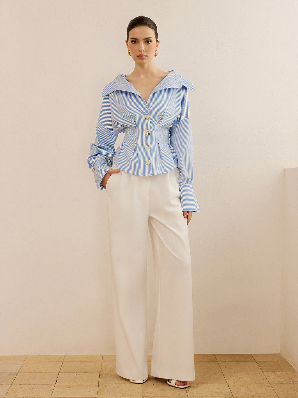 Cinched Classy Striped Collared Shirt