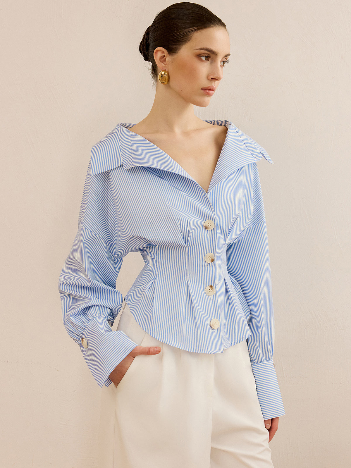 Cinched Classy Striped Collared Shirt