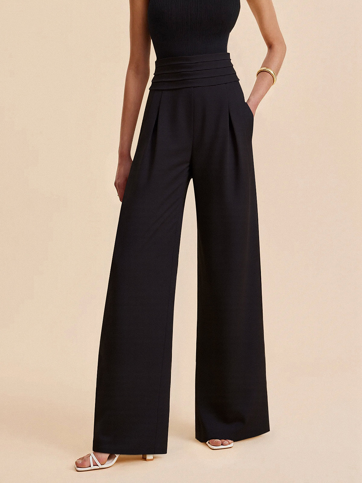 The Structured High-Waist Pleated-Waistband Wide-Leg Pants