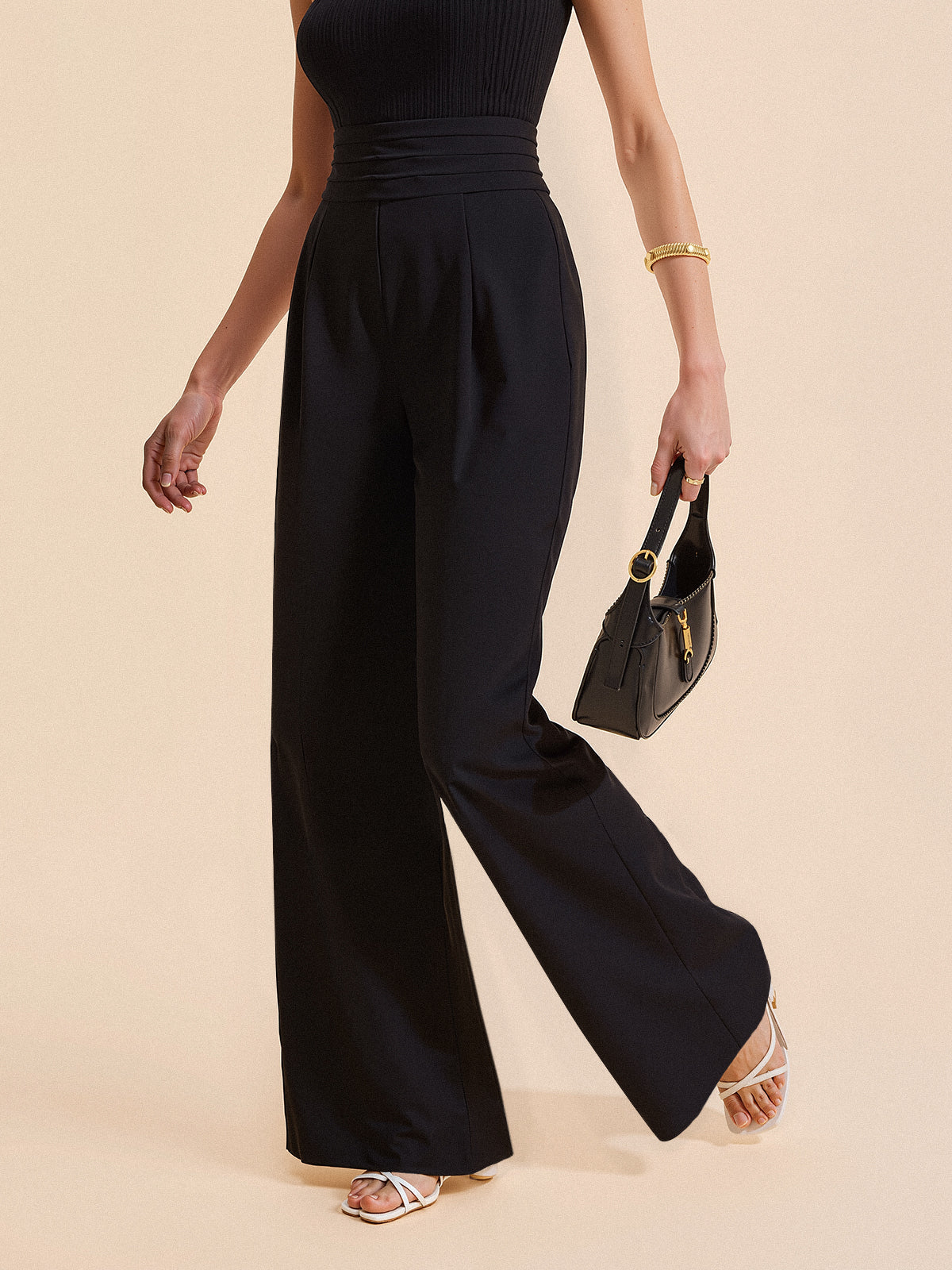 The Structured High-Waist Pleated-Waistband Wide-Leg Pants