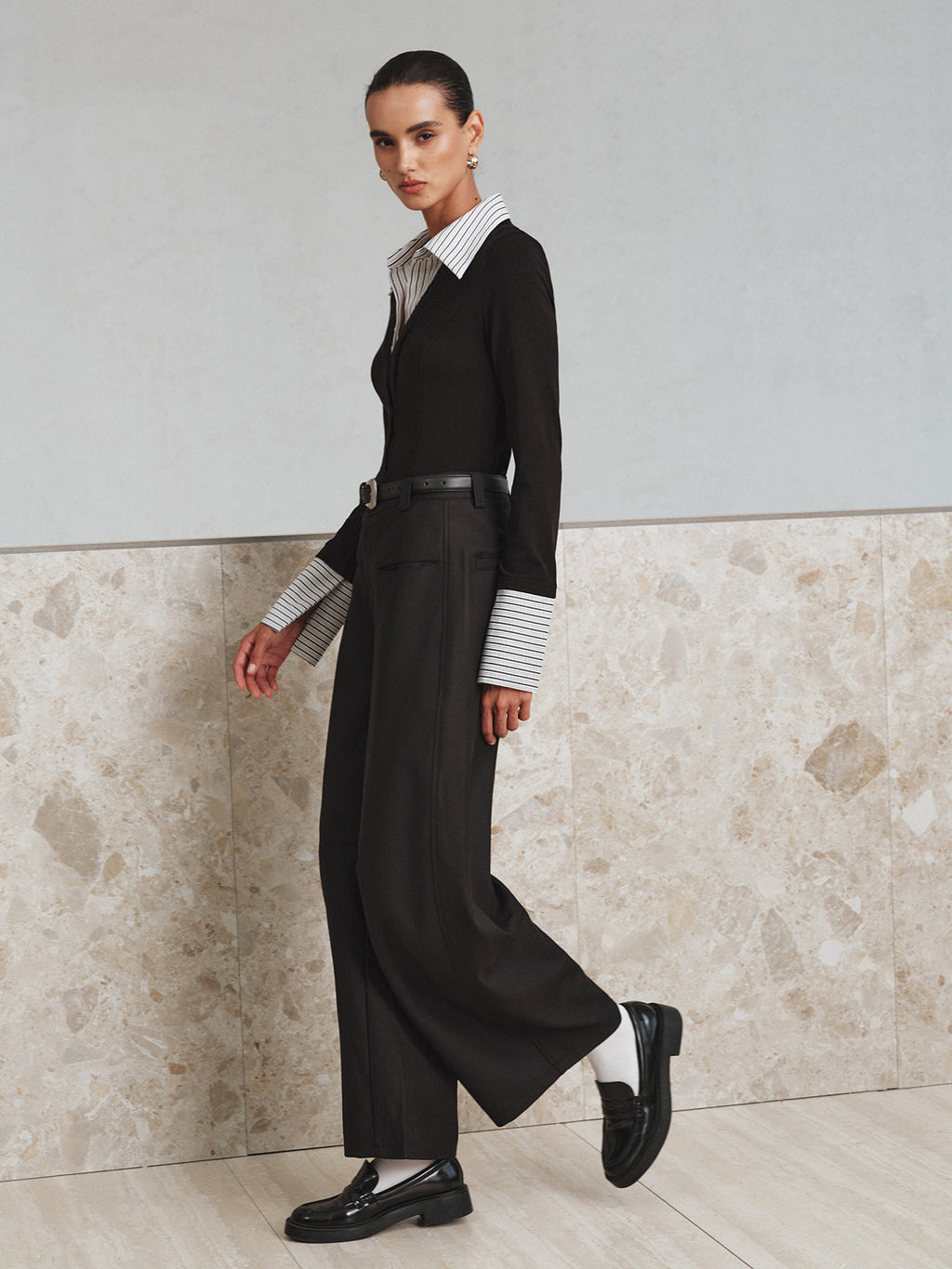 Double Chic Mock Two-Piece Long Sleeve Polo Top