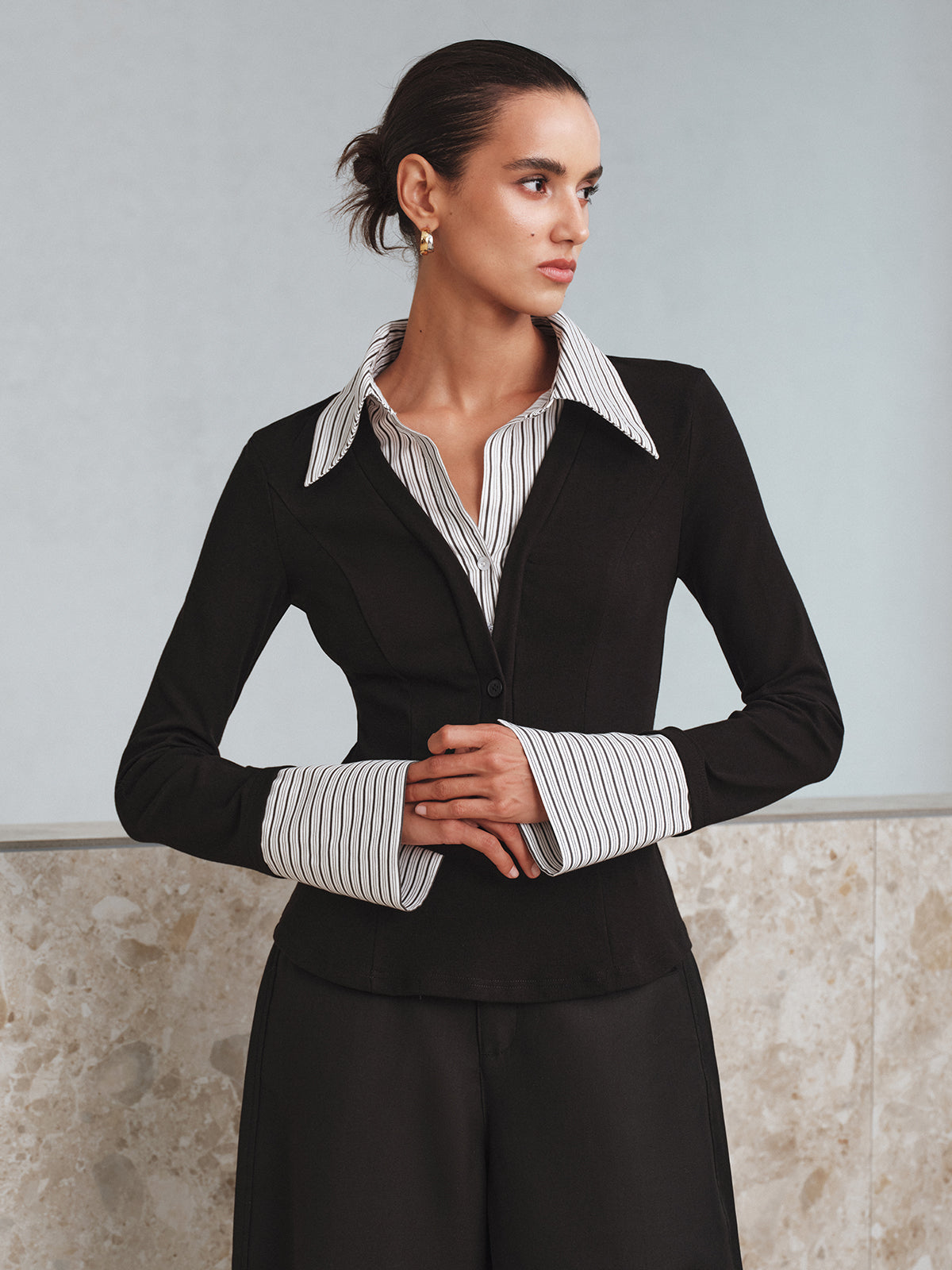 Double Chic Mock Two-Piece Long Sleeve Polo Top