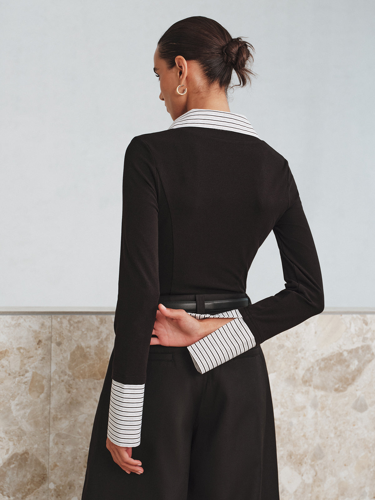 Double Chic Mock Two-Piece Long Sleeve Polo Top