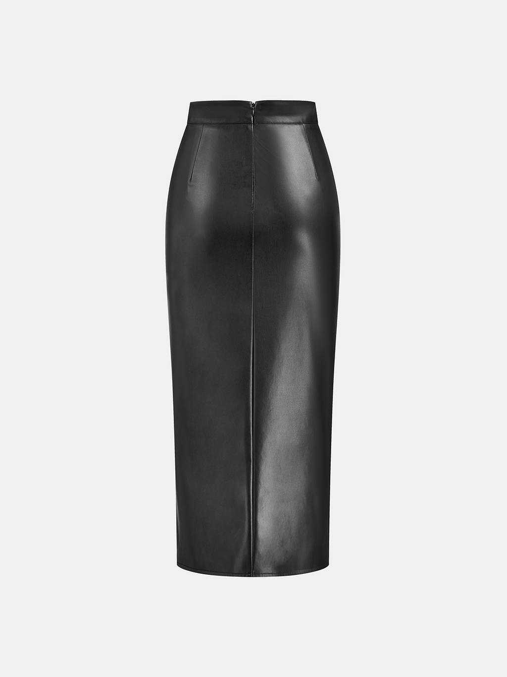 Rachel Ruched Slit Faux Leather Midi Skirt