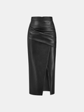 Rachel Ruched Slit Faux Leather Midi Skirt
