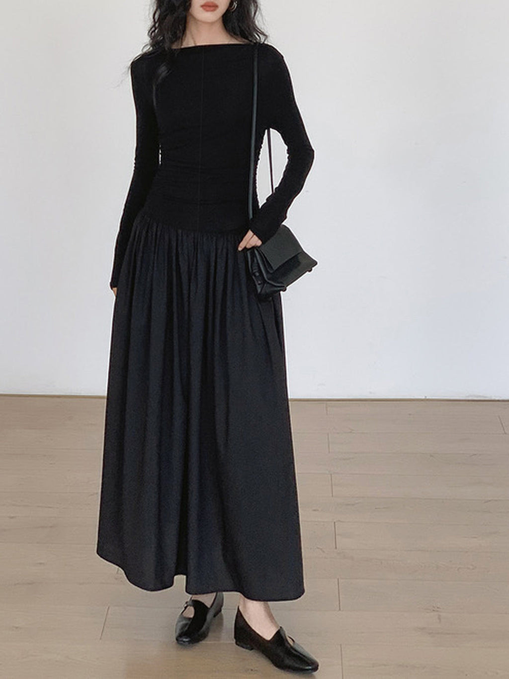 Woven Dreams Pleated Knit Long Sleeve Midi Dress