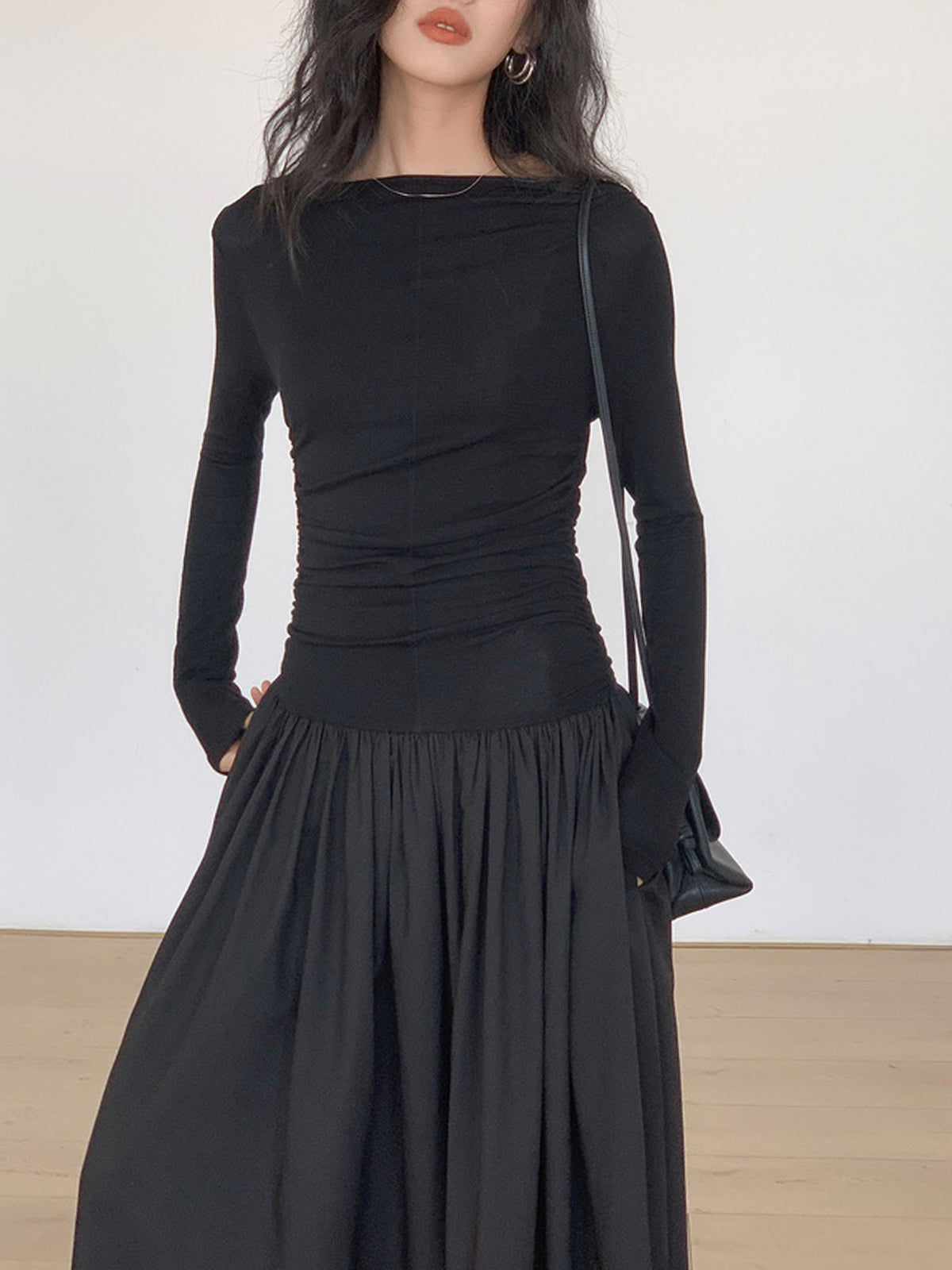Woven Dreams Pleated Knit Long Sleeve Midi Dress