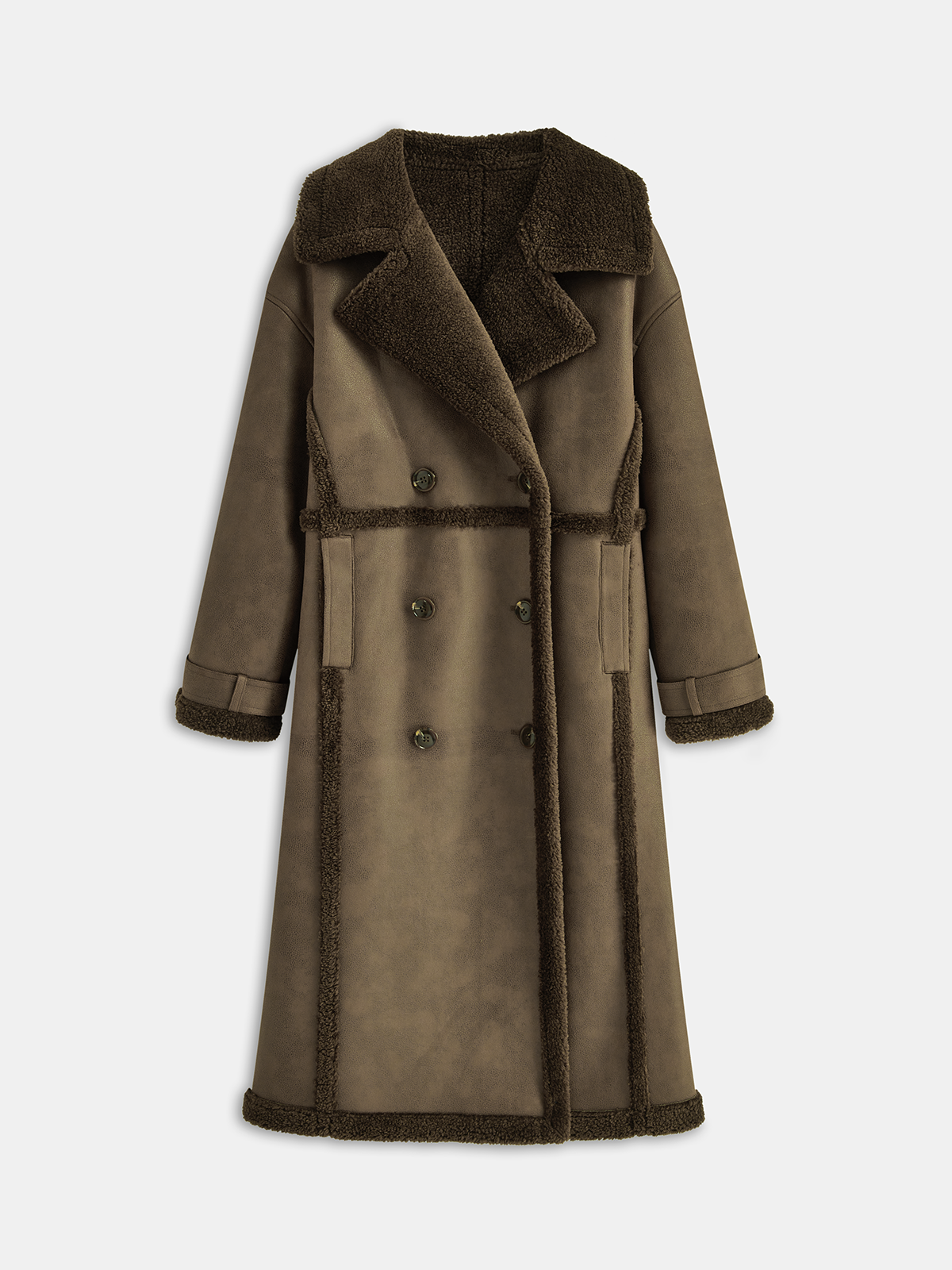 Uptown Double-Breasted Fleece Lined Faux Leather LongCoat