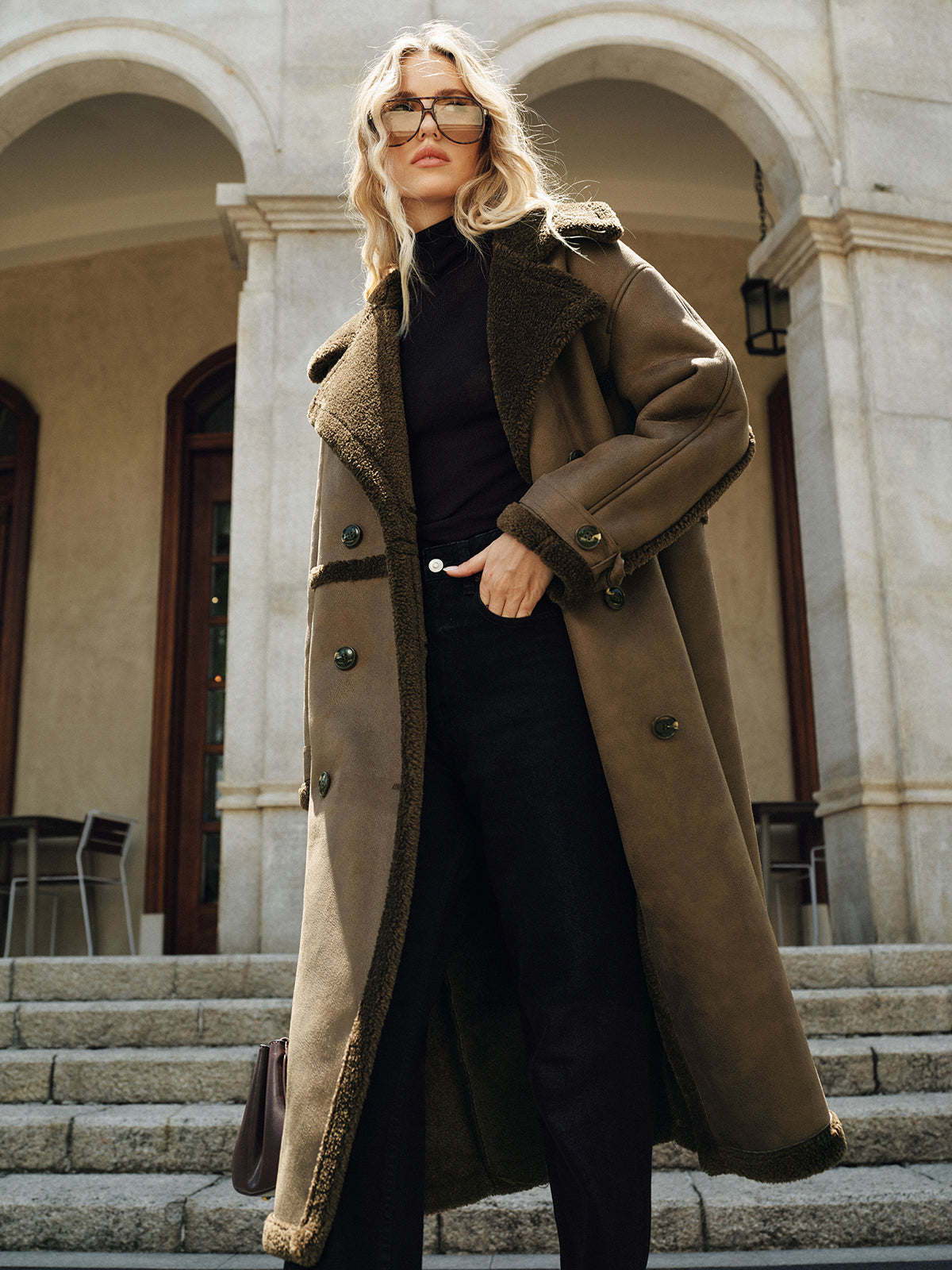 Uptown Double-Breasted Fleece Lined Faux Leather LongCoat