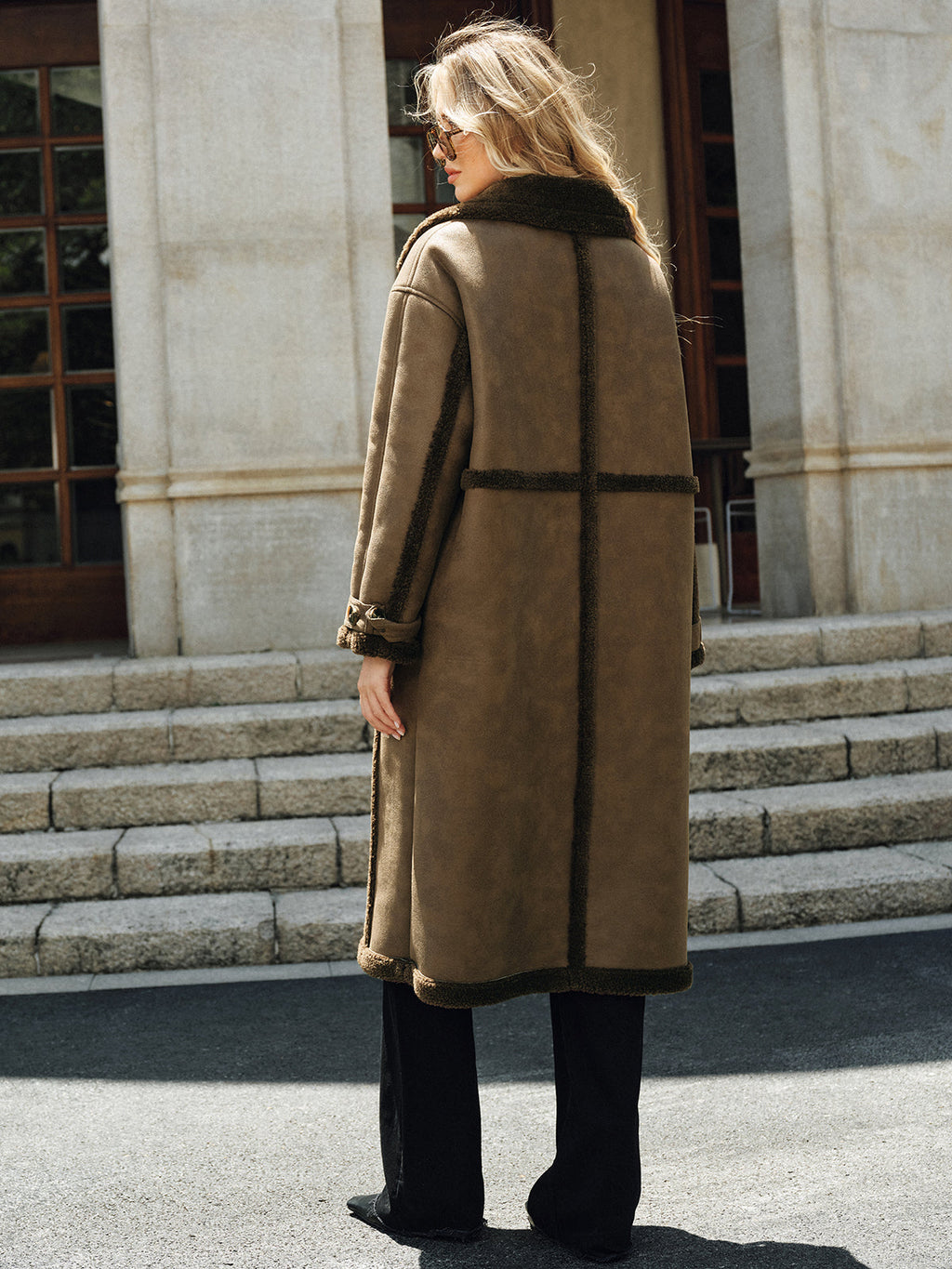 Uptown Double-Breasted Fleece Lined Faux Leather LongCoat