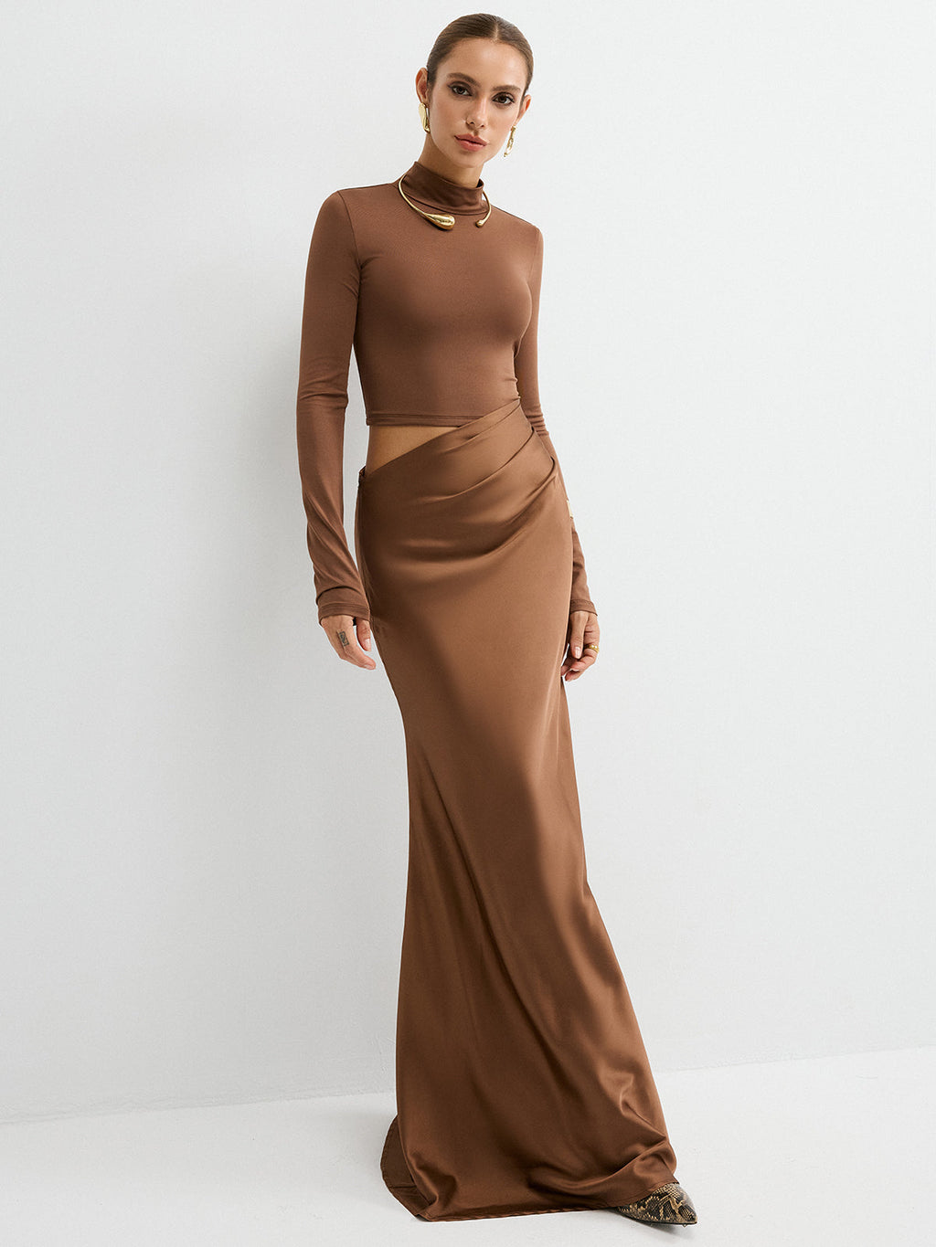 Satin Dreams Mock Neck Long Sleeve Maxi Dress