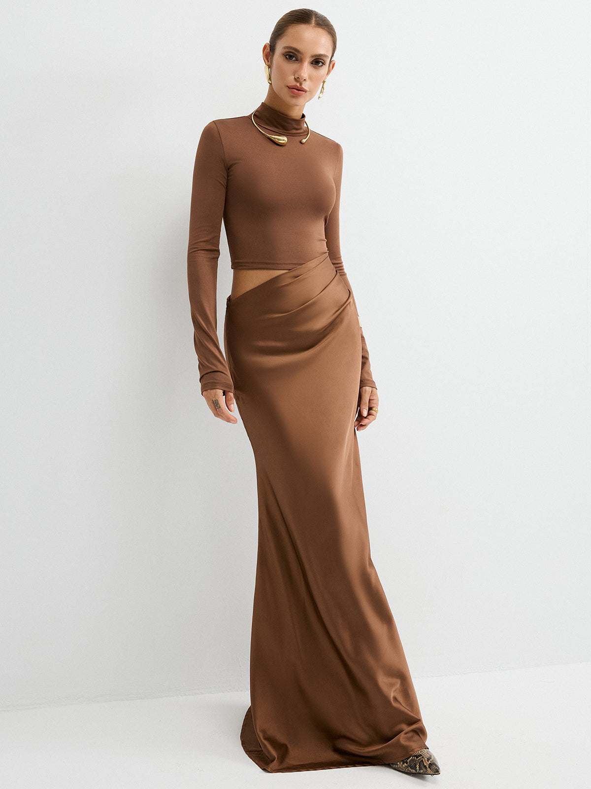 Satin Dreams Mock Neck Long Sleeve Maxi Dress