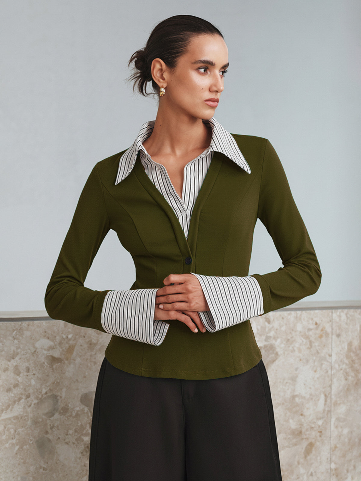 Double Chic Mock Two-Piece Long Sleeve Polo Top