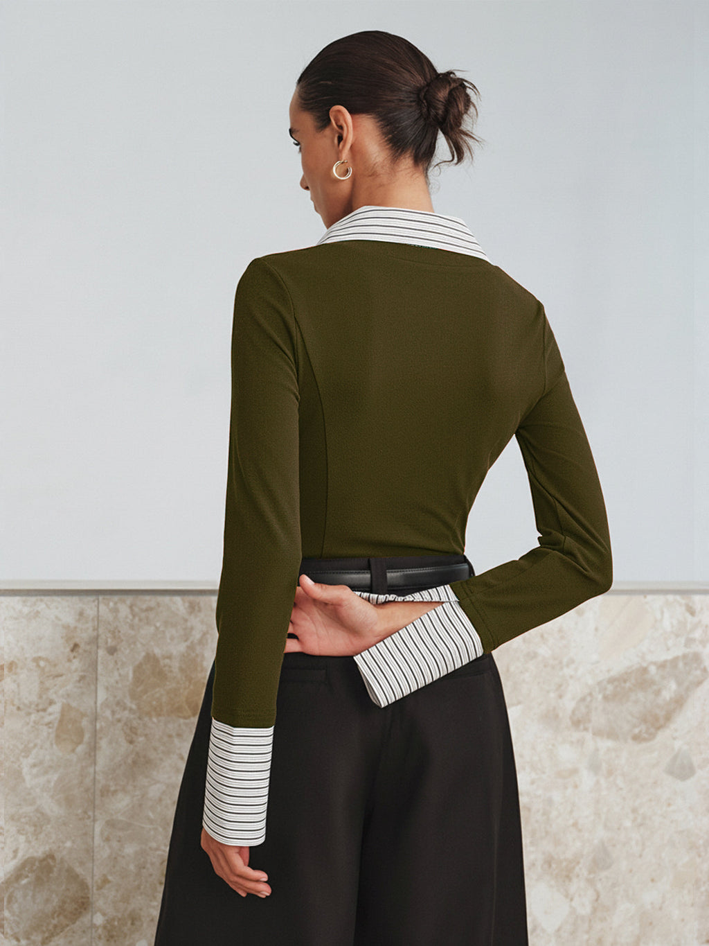 Double Chic Mock Two-Piece Long Sleeve Polo Top