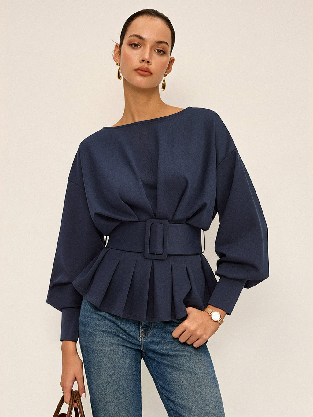 Belted Chic Boat Neck Peplum Sweatshirt