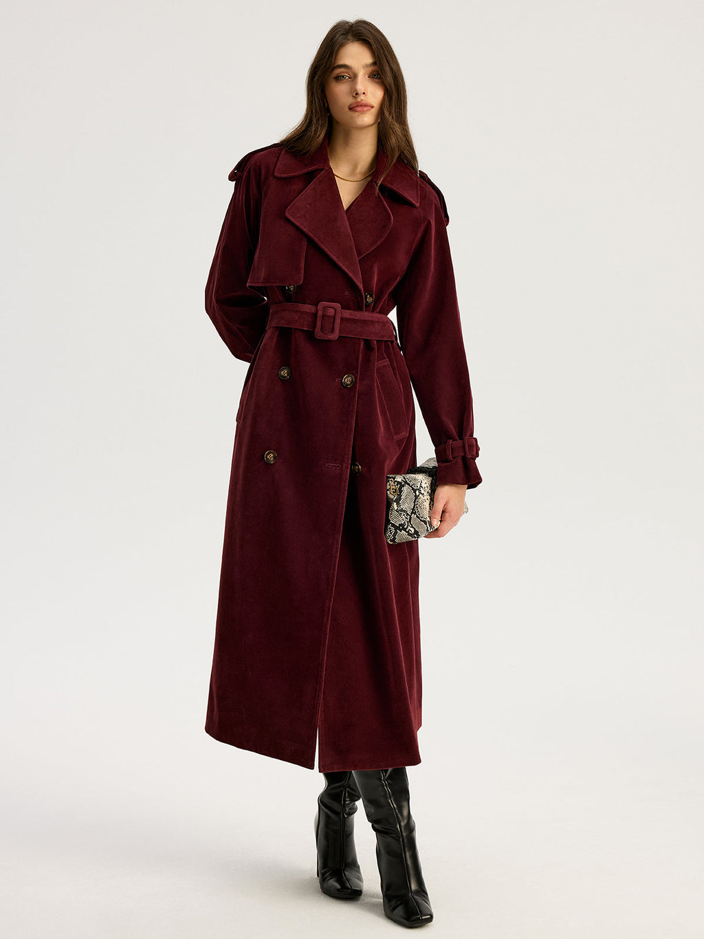 Belted Double-Breasted Suede Long Trench Coat