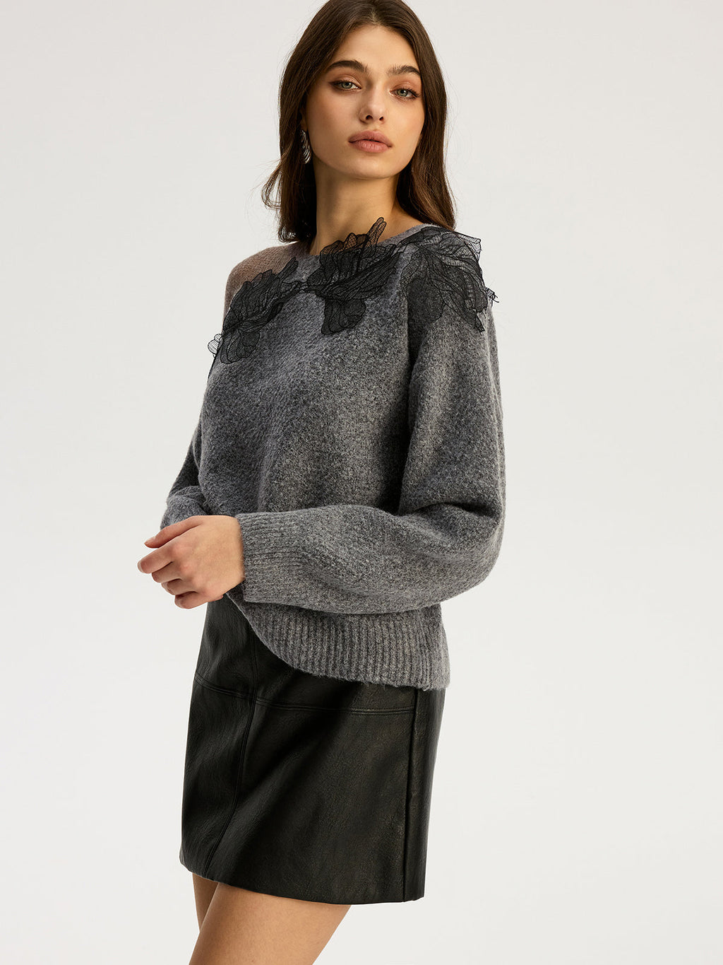 Lace Bloom Floral Semi-Sheer Round Neck Sweater