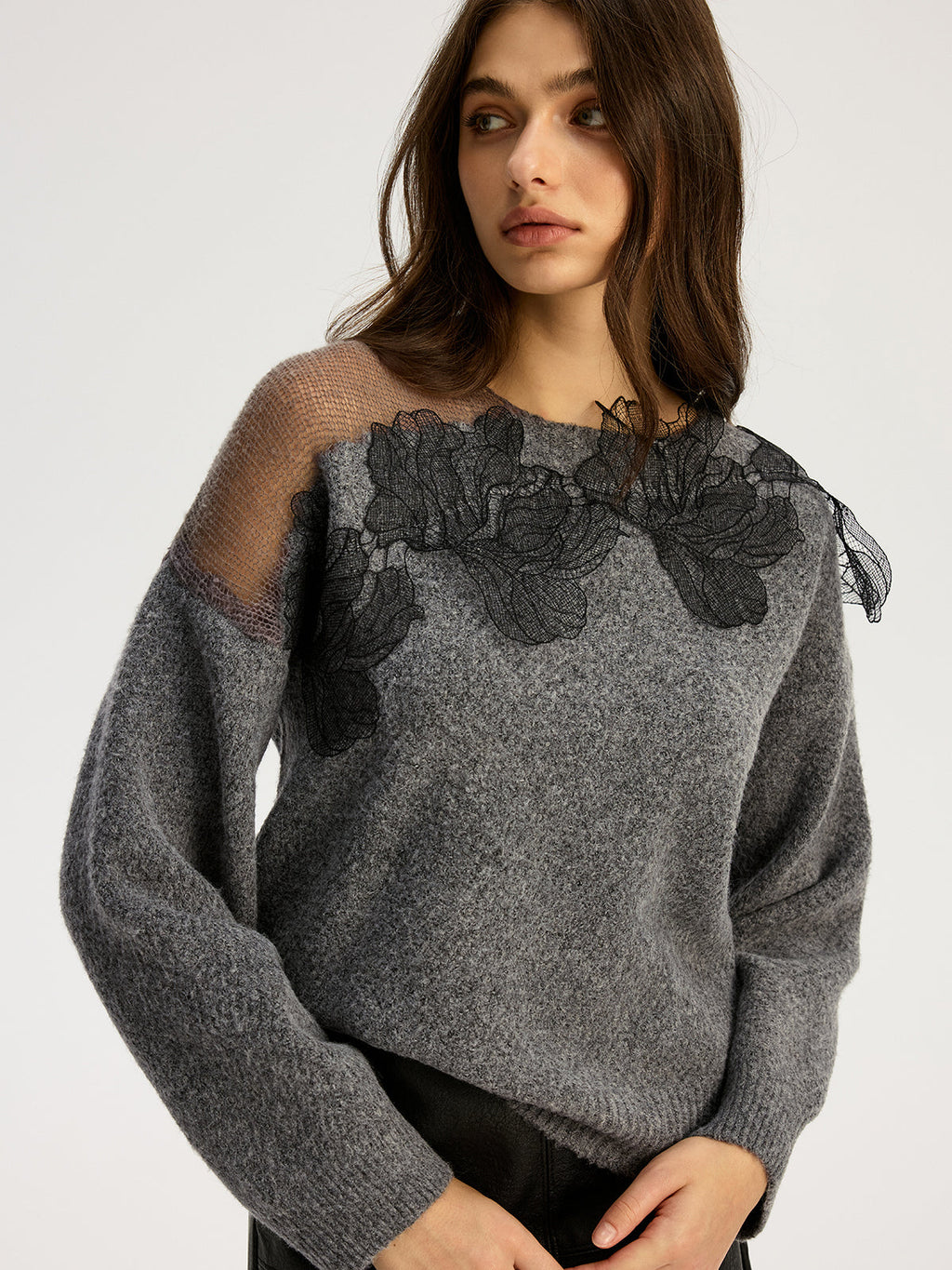 Lace Bloom Floral Semi-Sheer Round Neck Sweater