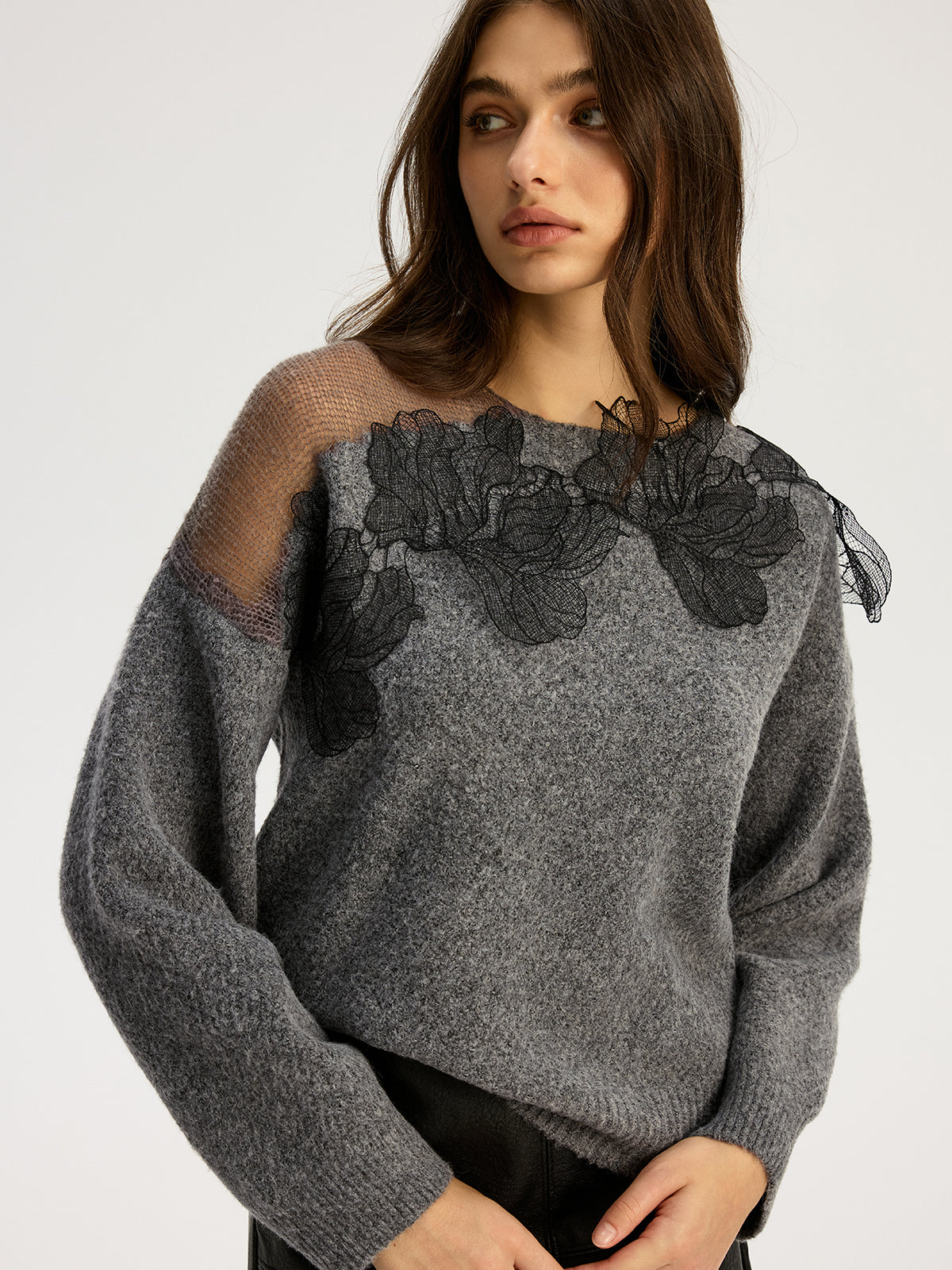 Lace Bloom Floral Semi-Sheer Round Neck Sweater