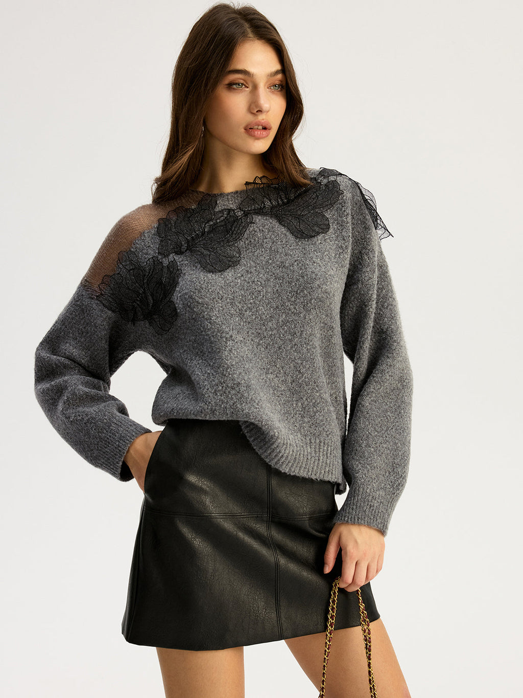 Lace Bloom Floral Semi-Sheer Round Neck Sweater