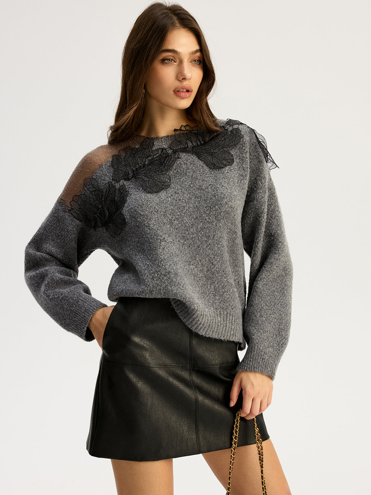 Lace Bloom Floral Semi-Sheer Round Neck Sweater