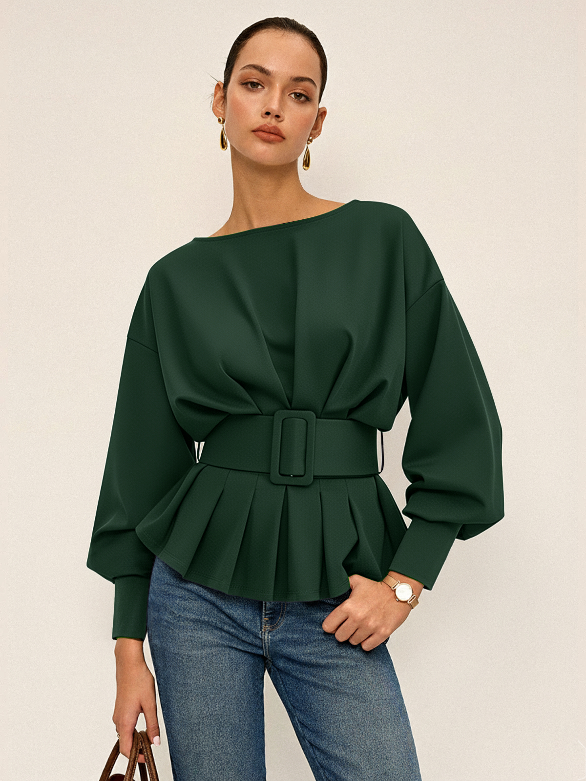 Belted Chic Boat Neck Peplum Sweatshirt
