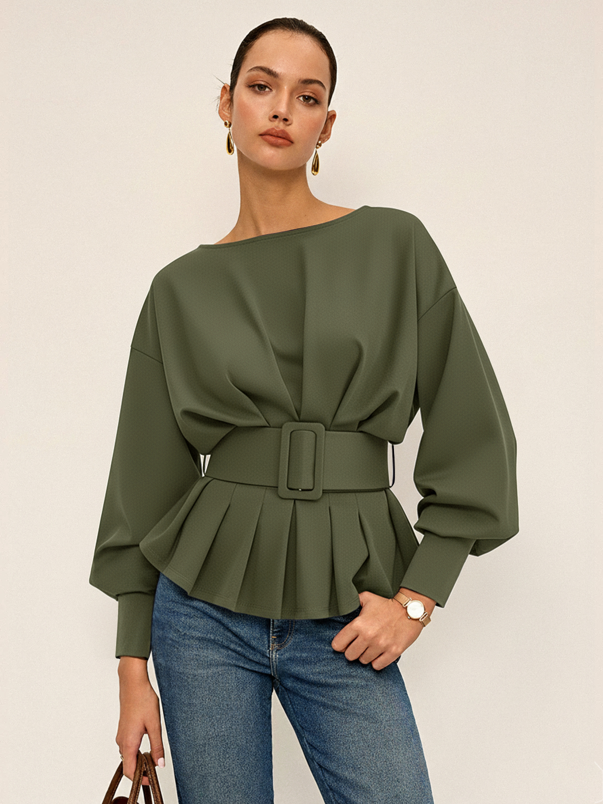 Belted Chic Boat Neck Peplum Sweatshirt