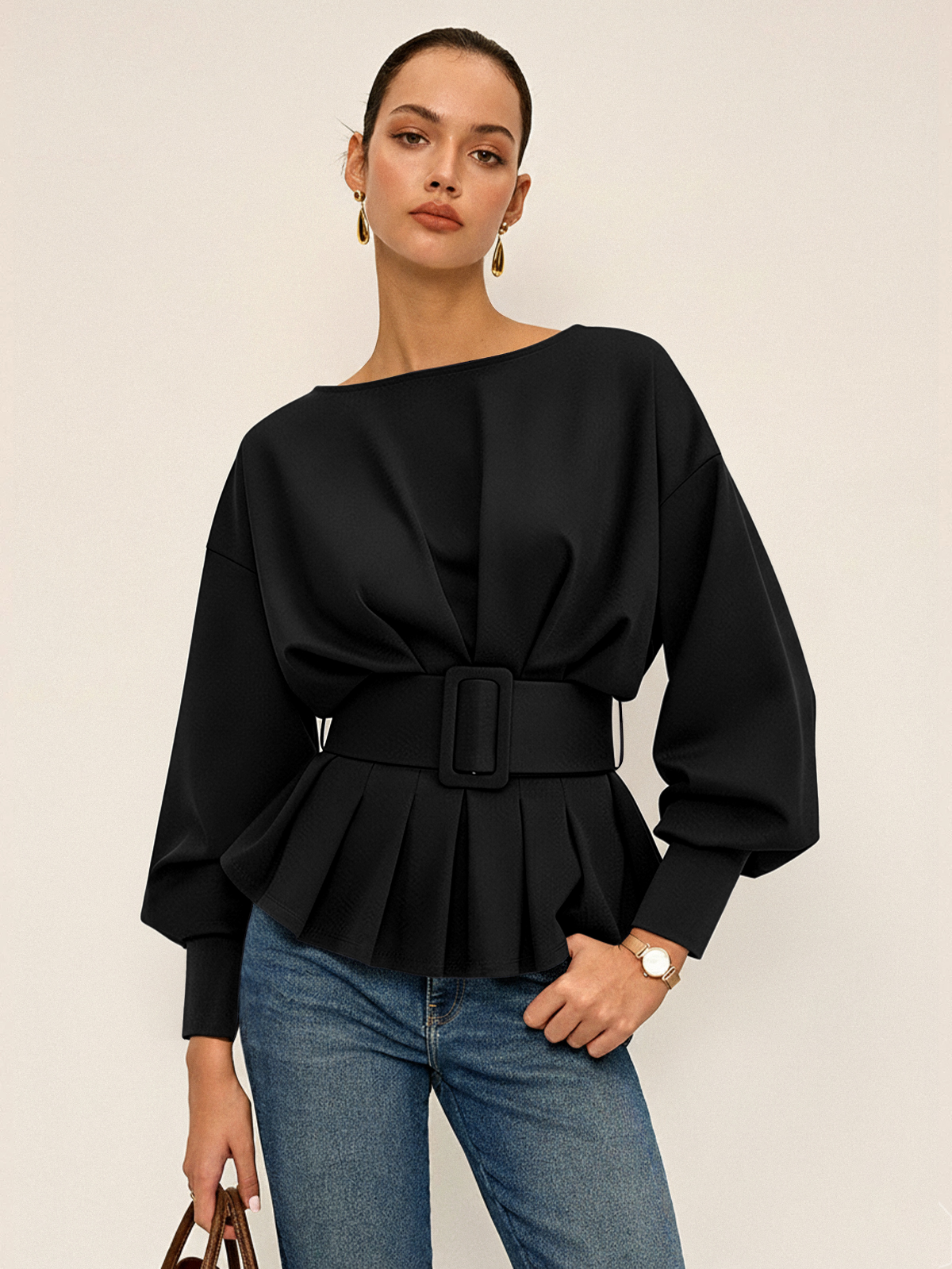 Belted Chic Boat Neck Peplum Sweatshirt