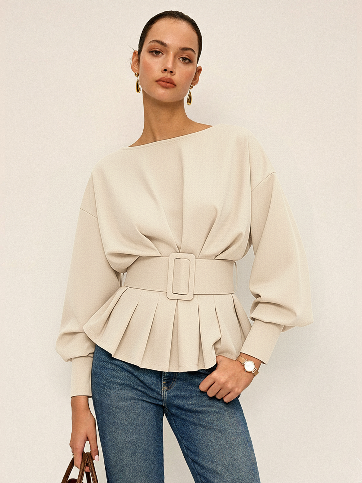 Belted Chic Boat Neck Peplum Sweatshirt