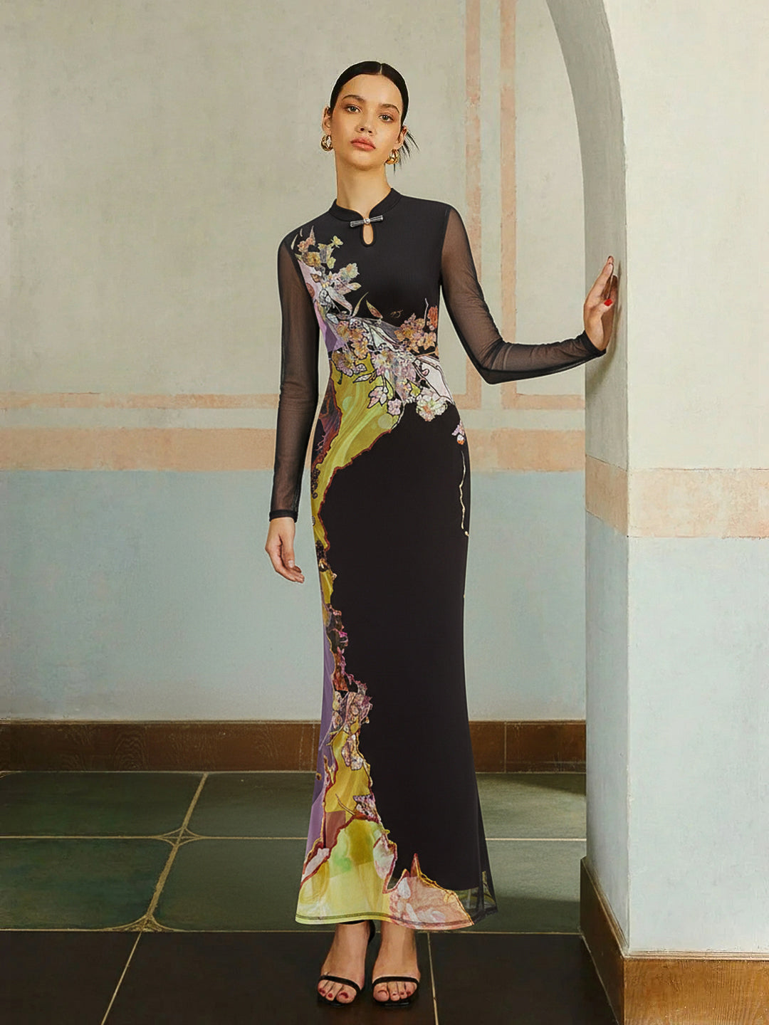 Floral Fantasy Mesh Long Sleeve Maxi Dress