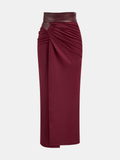 Faux Leather Panel Chic Midi Skirt