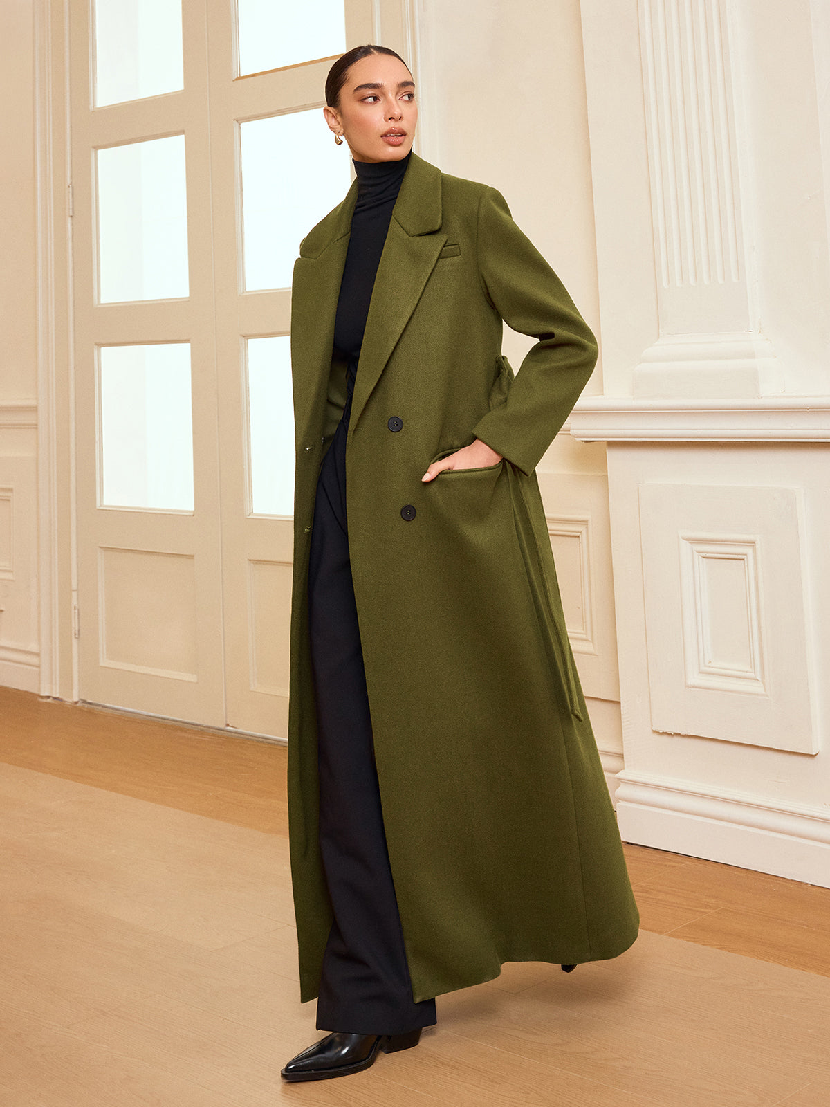 York Classic Belted Double-Breasted Long Coat