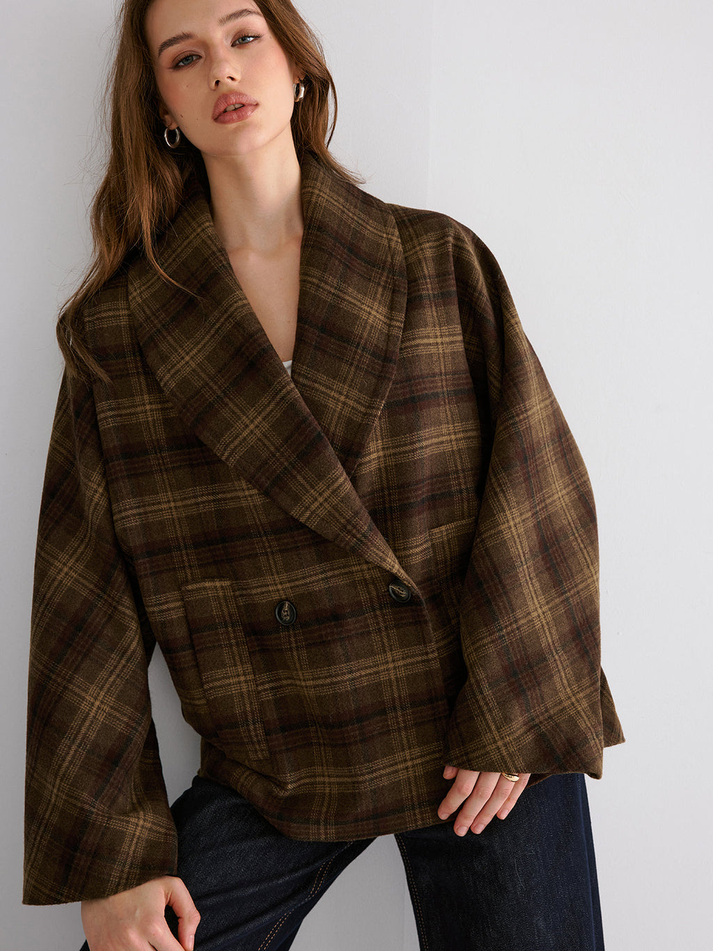 Countryside Gingham Wool-Blend Loose Coat