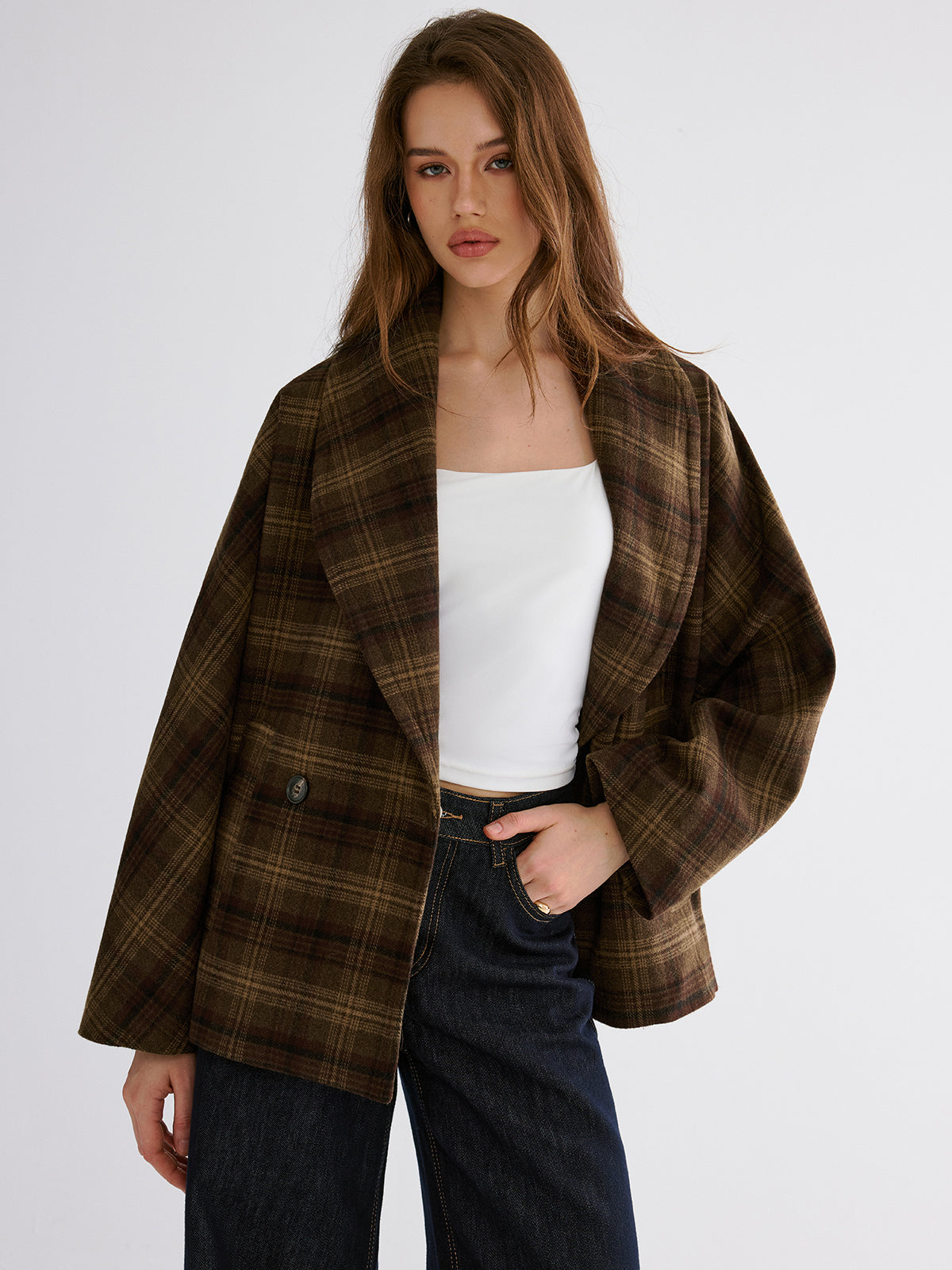 Countryside Gingham Wool-Blend Loose Coat