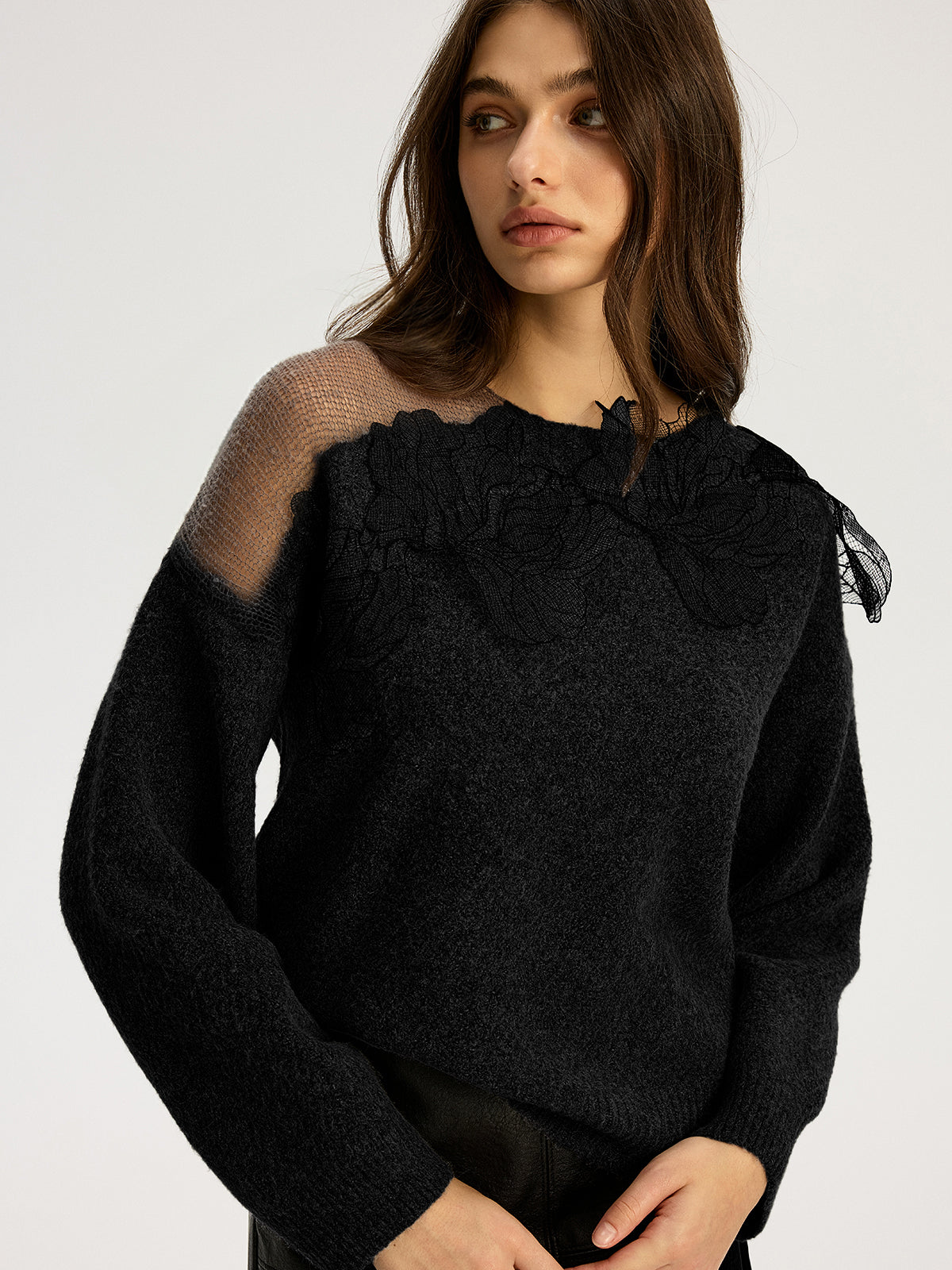 Lace Bloom Floral Semi-Sheer Round Neck Sweater