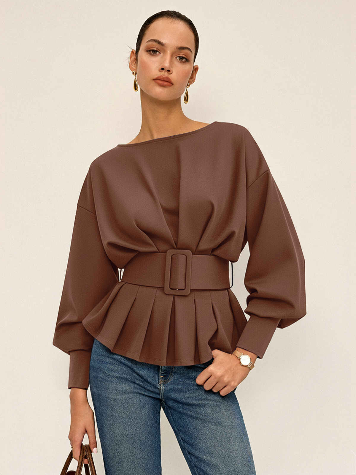 Belted Chic Boat Neck Peplum Sweatshirt
