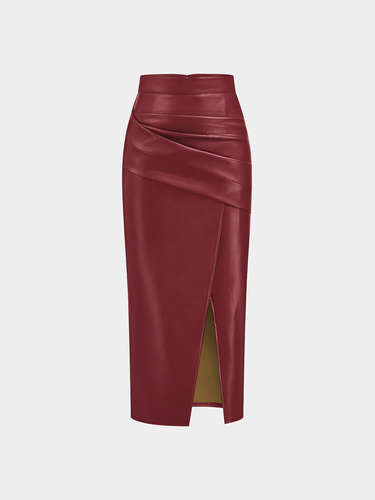 Rachel Ruched Slit Faux Leather Midi Skirt