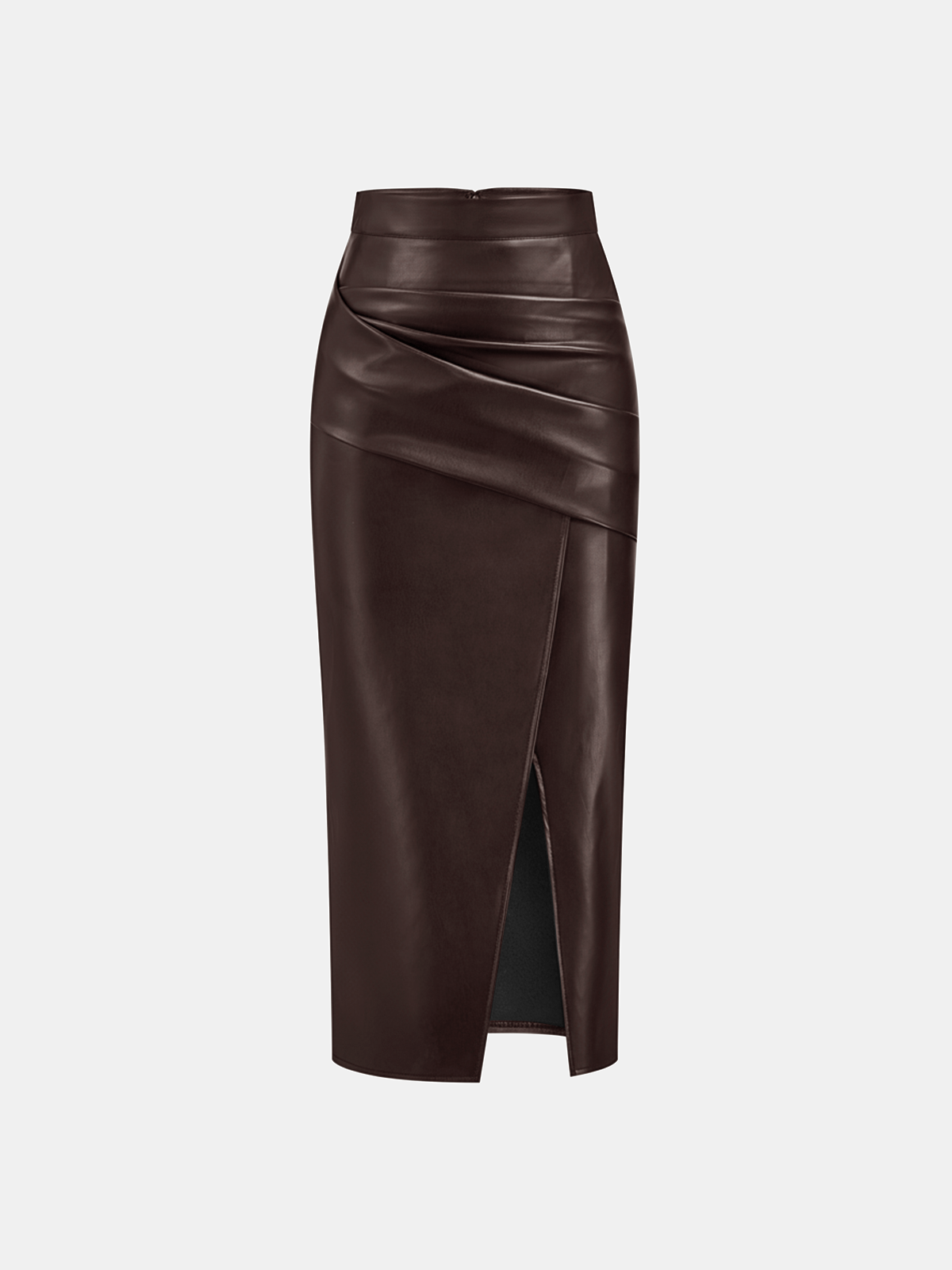 Rachel Ruched Slit Faux Leather Midi Skirt