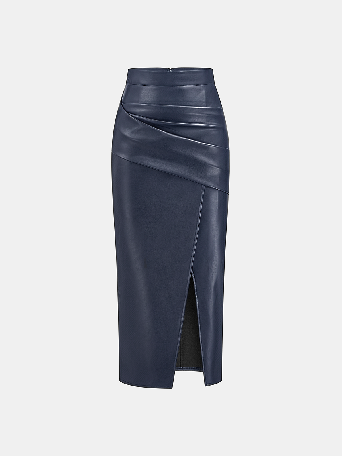 Rachel Ruched Slit Faux Leather Midi Skirt