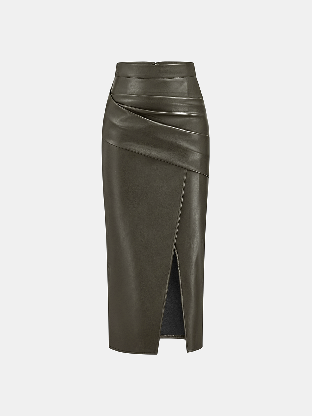 Rachel Ruched Slit Faux Leather Midi Skirt