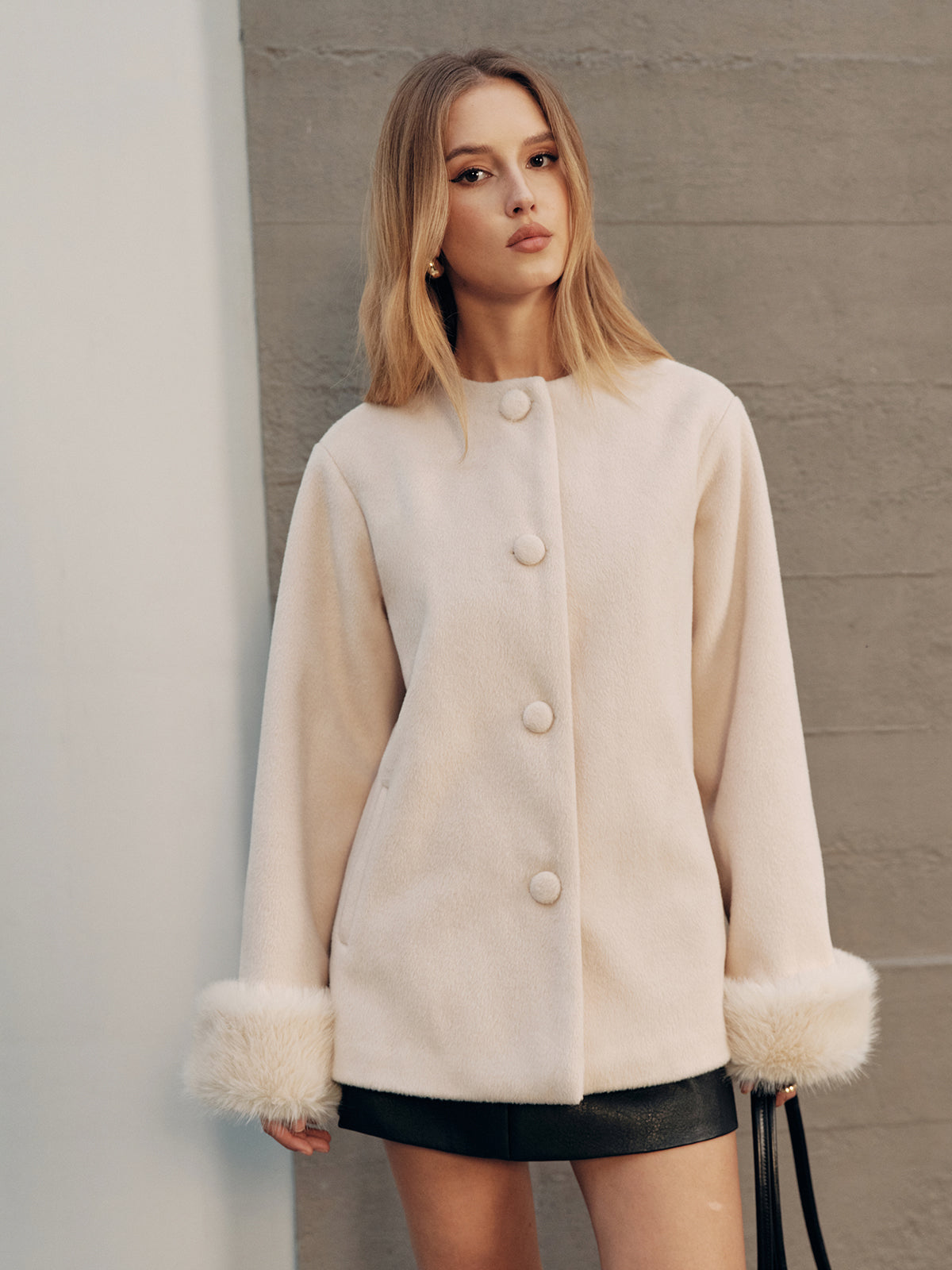 Glacier Faux Fur Cuff Wool-Blend Coat