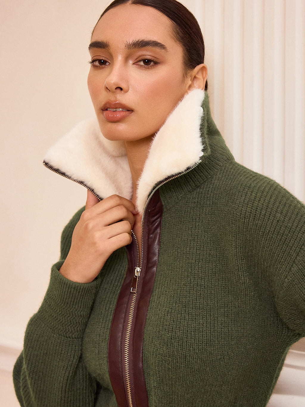 Chalet Faux Fur Collar Zip-Front Knit Outerwear