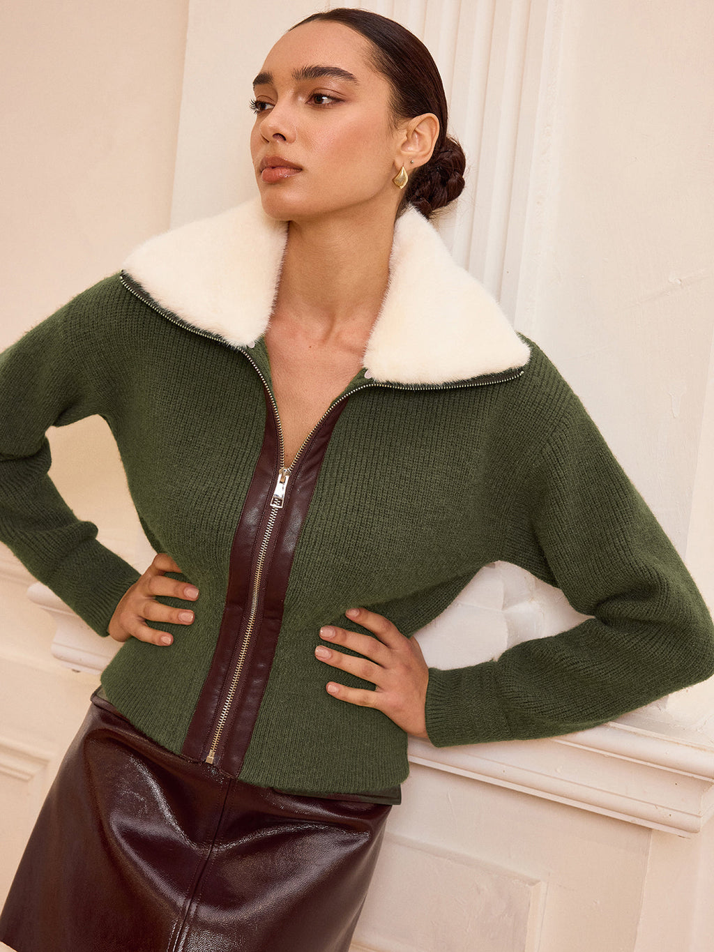 Chalet Faux Fur Collar Zip-Front Knit Outerwear