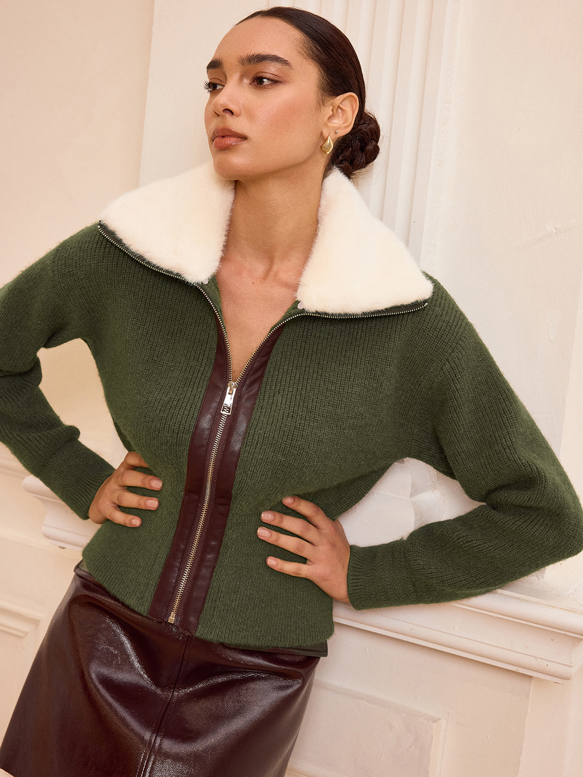 Chalet Faux Fur Collar Zip-Front Knit Outerwear